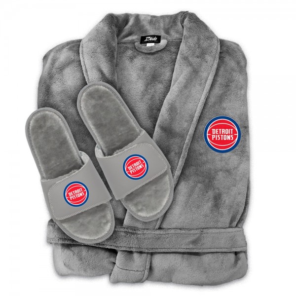Unisex Detroit Pistons ISlide Gray Faux Fur Slide Sandals & Robe Bundle