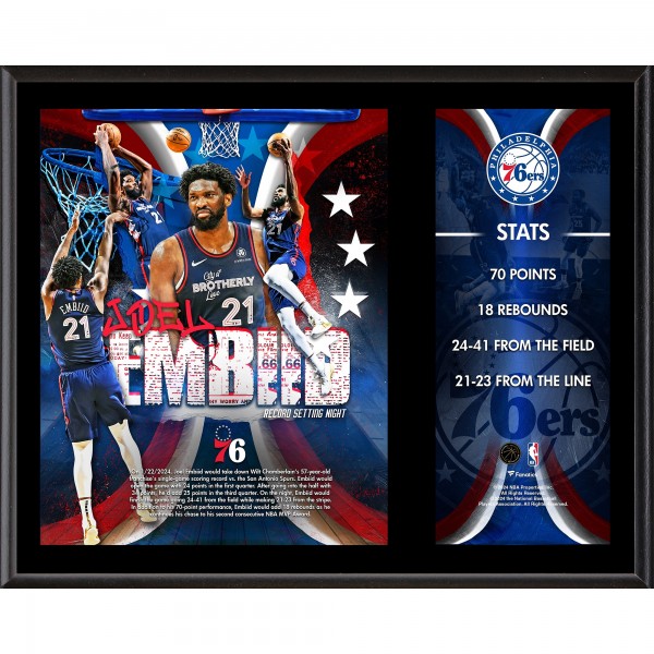 Joel Embiid Philadelphia 76ers Fanatics Authentic 12 x 15 Franchise Record Breaking 70 Points Sublimated Plaque