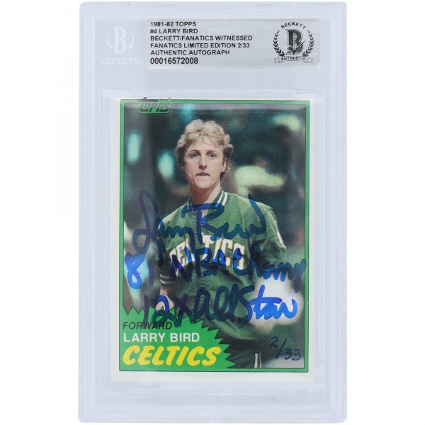 Larry Bird Boston Celtics Autographed 1981-82 Topps #4 #/33 Beckett Fanatics Witnessed Authenticated Card with Multiple Inscriptions