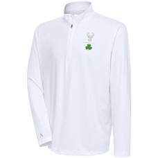 Milwaukee Bucks Antigua White Shamrock Tribute Quarter-Zip Pullover Top