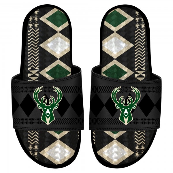 Milwaukee Bucks ISlide Black Shooting Touch Rwanda Pattern Gel Slide Sandals