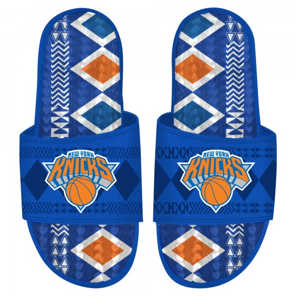 New York Knicks ISlide Blue Shooting Touch Rwanda Pattern Gel Slide Sandals
