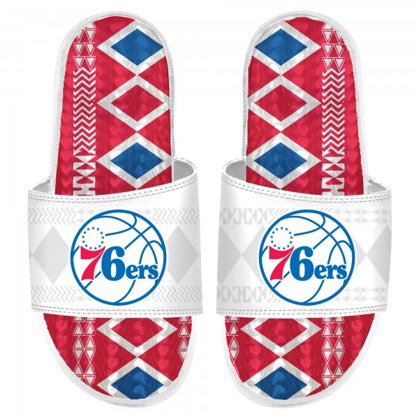 Philadelphia 76ers ISlide White Shooting Touch Rwanda Pattern Gel Slide Sandals