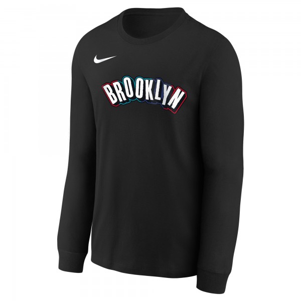 Футболка с длинным рукавом Youth Brooklyn Nets Nike Black 2024/25 City Edition Wordmark Performance