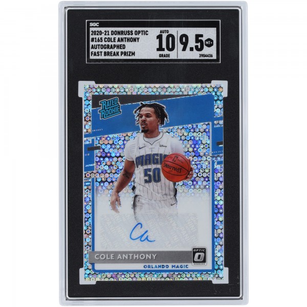 Cole Anthony Orlando Magic Autographed 2020-21 Panini Donruss Optic Fast Break Prizm #165 SGC Authenticated 9.5/10 Rookie Card