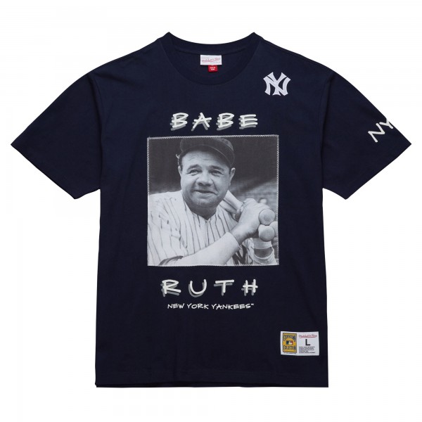 New York Yankees Babe Ruth Mitchell & Ness Navy Cooperstown Collection Heavyweight Premium Player Vintage Logo T-Shirt