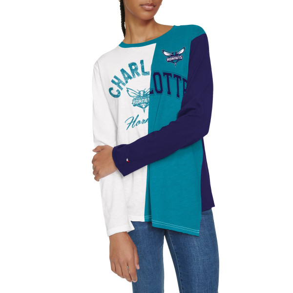 Женская футболка с длинным рукавом Charlotte Hornets Tommy Jeans White/Teal Amelia Color Blocked