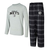 Футболка с длинным рукавом Brooklyn Nets Concepts Sport Petition and Plaid Pant Set - Black/Gray
