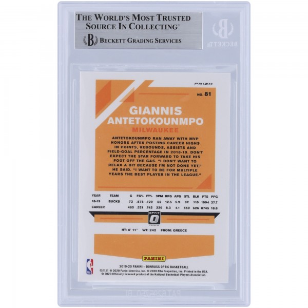 Giannis Antetokounmpo Milwaukee Bucks Autographed 2019-20 Panini Donruss Optic Choice Dragon Prizm #81 Beckett Fanatics Witnessed Authenticated Card