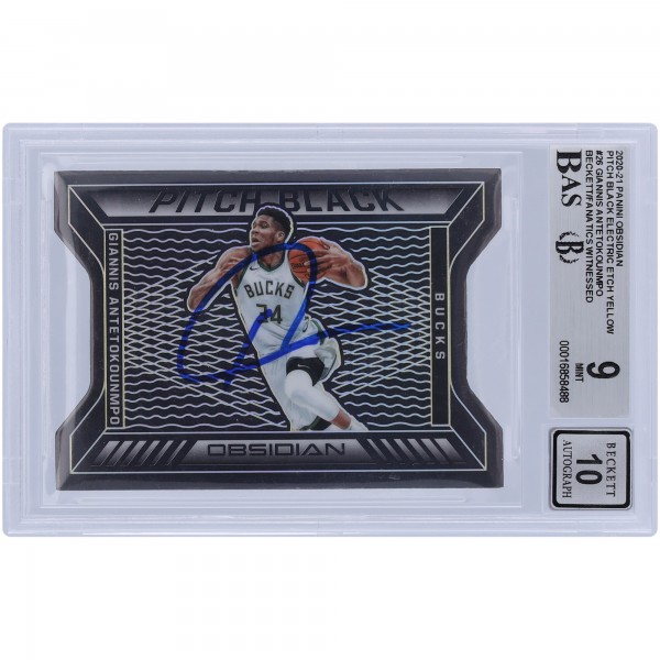 Giannis Antetokounmpo Milwaukee Bucks Autographed 2020-21 Panini Obsidian Pitch Black Yellow Etch #26 #2/10 Beckett Fanatics Witnessed Authenticated 9/10 Card