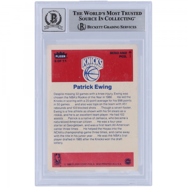 Patrick Ewing New York Knicks Autographed 1986 Fleer Sticker #6 Beckett Fanatics Witnessed Authenticated 10 Rookie Card