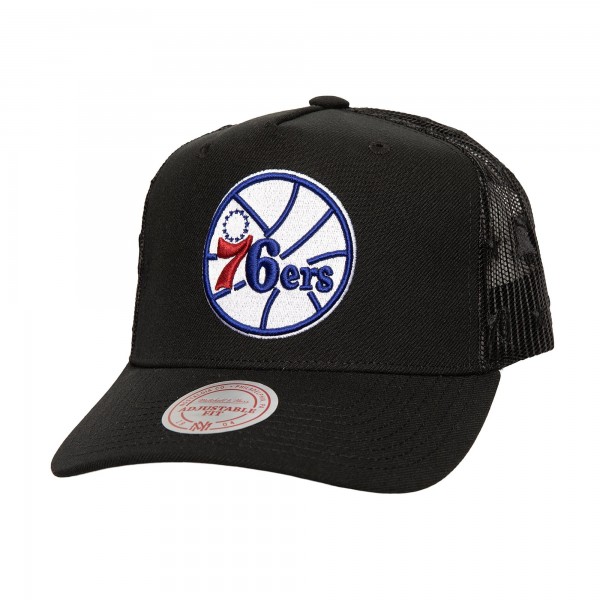 Бейсболка Philadelphia 76ers Mitchell & Ness Black Monogram Allover Logo Mesh Trucker