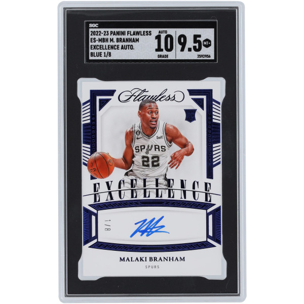 Карточка Malaki Branham San Antonio Spurs Autographed 2022-23 Panini Flawless Excellence Blue #ES-MBH #1/8 SGC Authenticated 9.5/10