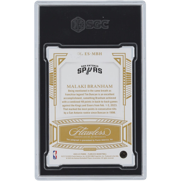 Карточка Malaki Branham San Antonio Spurs Autographed 2022-23 Panini Flawless Excellence Blue #ES-MBH #1/8 SGC Authenticated 9.5/10