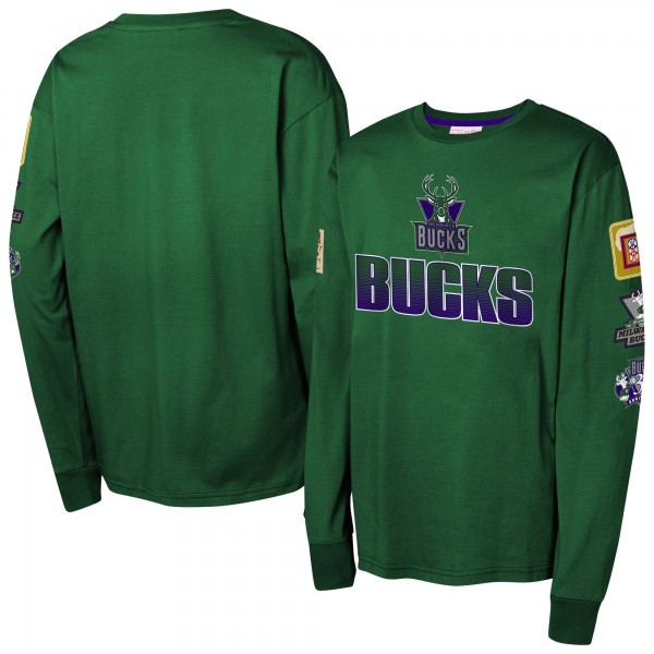 Подростковая Milwaukee Bucks Mitchell & Ness Hunter Green Hardwood Classics All Over Long Sleeve T-Shirt