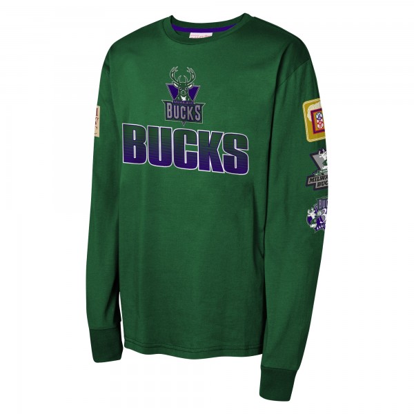 Подростковая Milwaukee Bucks Mitchell & Ness Hunter Green Hardwood Classics All Over Long Sleeve T-Shirt
