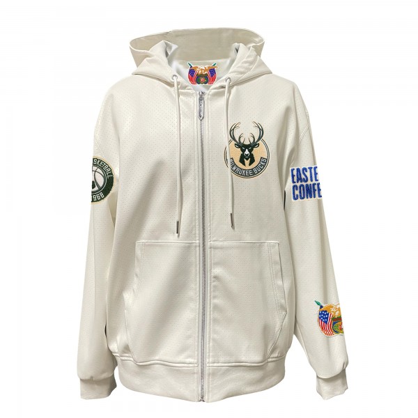 Milwaukee Bucks Jeff Hamilton White Vegan Leather Full-Zip Hoodie