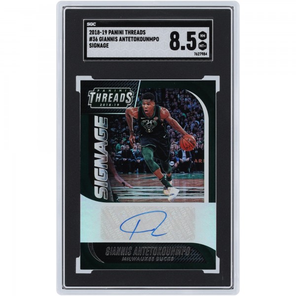 Giannis Antetokounmpo Milwaukee Bucks Autographed 2018-19 Panini Threads Signage #36 SGC Authenticated 8.5 Card