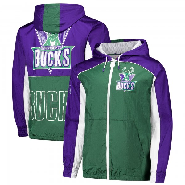 Milwaukee Bucks Mitchell & Ness Green/Purple Hardwood Classics Big Shot Premium Full-Zip Windbreaker Jacket