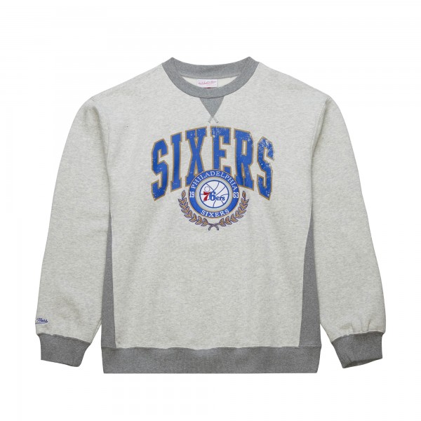Philadelphia 76ers Mitchell & Ness Heather Gray Vintage Logo Pullover Sweatshirt