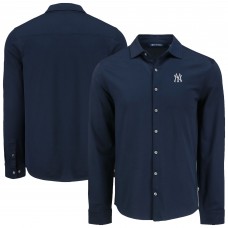 New York Yankees Cutter & Buck Navy Knitted Advantage Tri-Blend Eco Soft Pique Long Sleeve Button-Up Shirt