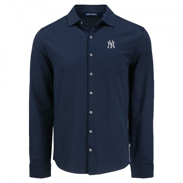 New York Yankees Cutter & Buck Navy Knitted Advantage Tri-Blend Eco Soft Pique Long Sleeve Button-Up Shirt