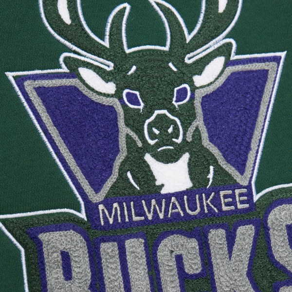 Milwaukee Bucks Mitchell & Ness Hunter Green Hardwood Classics Chainstitch Vintage Heavyweight Pullover Hoodie