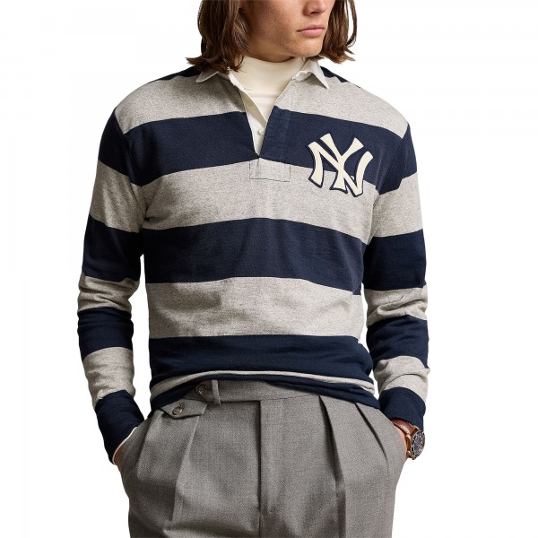 New York Yankees Polo Ralph Lauren Navy/Heather Gray Long Sleeve Rugby Polo