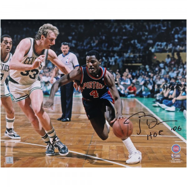 Joe Dumars Detroit Pistons Autographed Fanatics Authentic 16 x 20 Dribbling vs. Larry Bird Photograph with HOF 06 Inscription