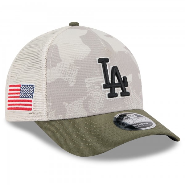 Бейсболка Los Angeles Dodgers New Era Light Beige/Olive 2025 Armed Forces Day 9FORTY M-Crown A-Frame