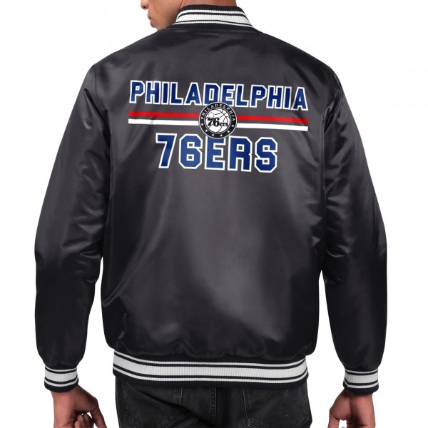 Philadelphia 76ers Starter Black Printed Team Name Satin Varsity Full-Snap Jacket