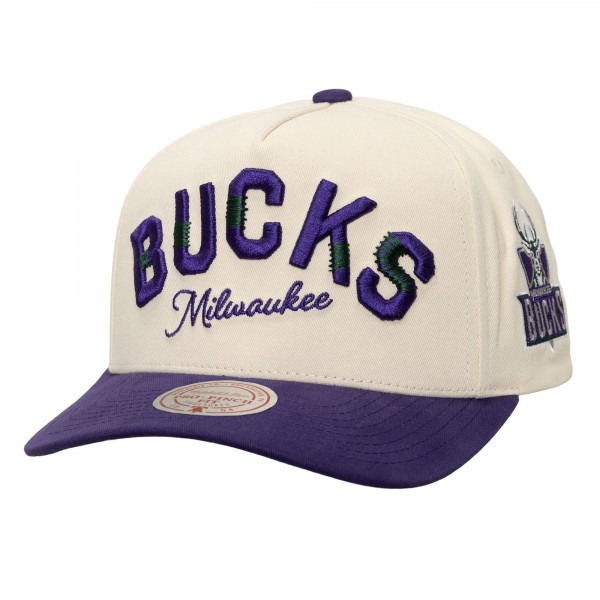 Бейсболка Milwaukee Bucks Mitchell & Ness Cream/Purple Soul Festival Staggered Zag Pro Pinch