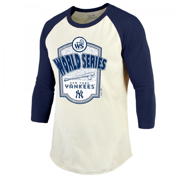 New York Yankees Majestic Threads Cream/Navy 2024 World Series Raglan Softhand 3/4-Sleeve T-Shirt