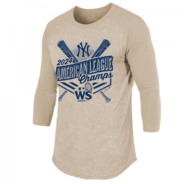 New York Yankees Majestic Threads Oatmeal 2024 American League Champions 3/4-Sleeve Tri-Blend Raglan T-Shirt