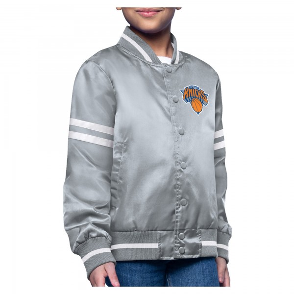 Подростковая New York Knicks Starter Gray Printed Logo Varsity Satin Full-Snap Jacket