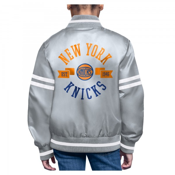 Подростковая New York Knicks Starter Gray Printed Logo Varsity Satin Full-Snap Jacket
