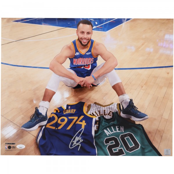 Stephen Curry Golden State Warriors Autographed Fanatics Authentic 16 x 20 Three-Point Record Jersey Celebration Photograph Signed In Silver Ink - JSA