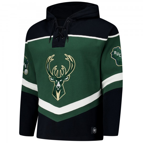 Milwaukee Bucks 47 Hunter Green Oversized Tri-Satin Layup Lacer Pullover Hoodie