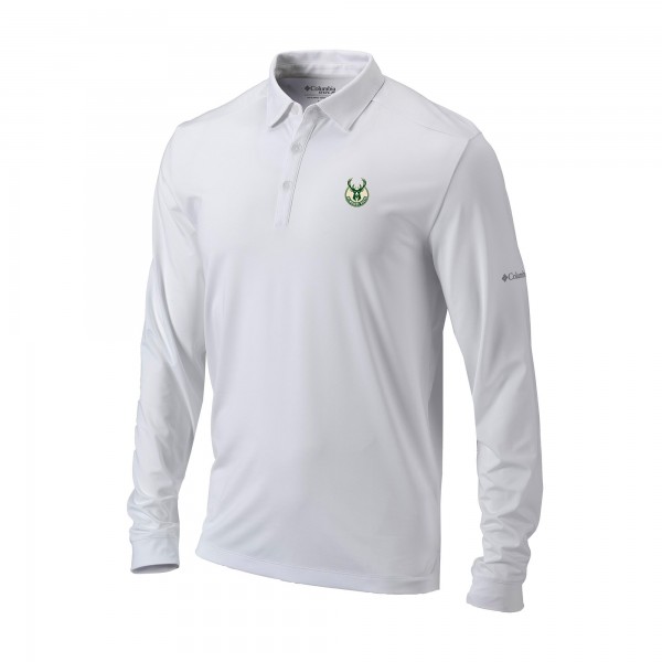Milwaukee Bucks Columbia White Omni-Wick Pin High Long Sleeve Polo
