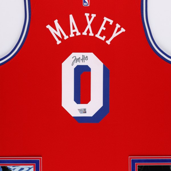 Tyrese Maxey Philadelphia 76ers Autographed Fanatics Authentic SM Deluxe Framed Jordan Brand Red Statement Edition Swingman Jersey