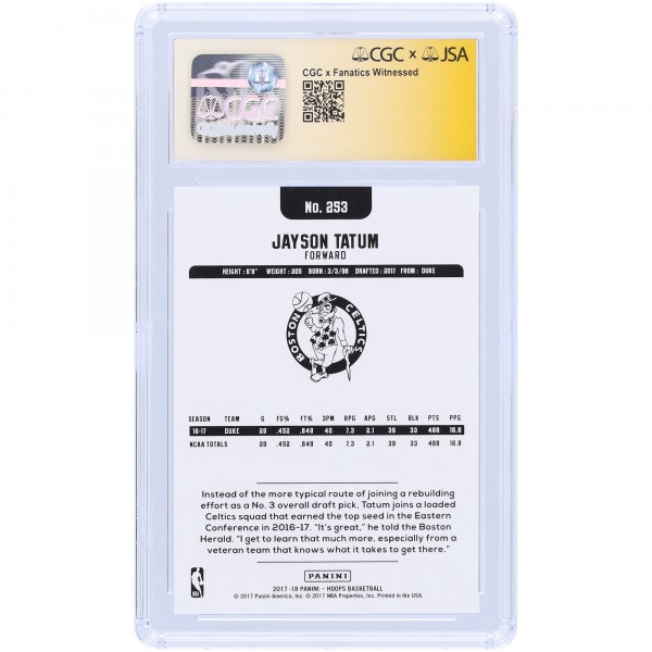 Jayson Tatum Boston Celtics Autographed 2017-18 Panini Hoops #253 CGC Fanatics Witnessed Authenticated 9/10 Rookie Card