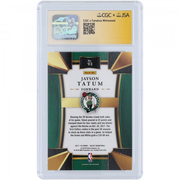 Jayson Tatum Boston Celtics Autographed 2017-18 Panini Select #93 CGC Fanatics Witnessed Authenticated 9/10 Rookie Card
