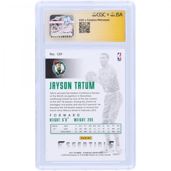 Jayson Tatum Boston Celtics Autographed 2017-18 Panini Essentials #129 CGC Fanatics Witnessed Authenticated 9/10 Rookie Card