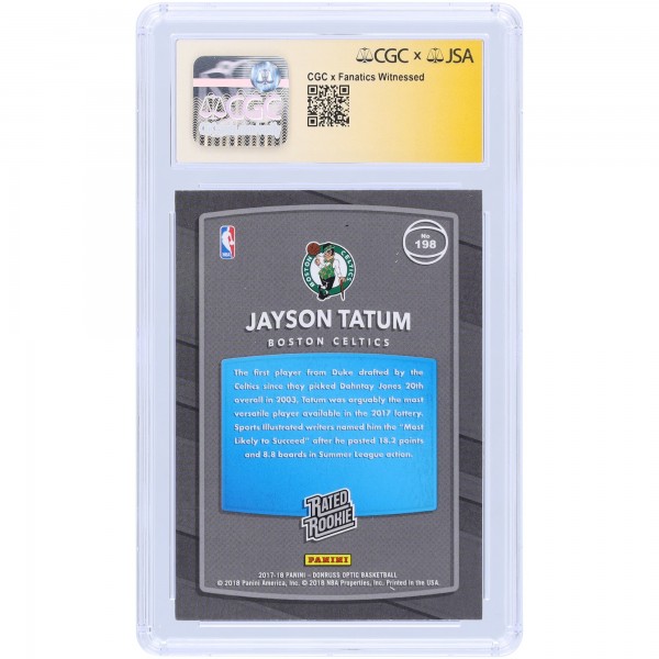 Jayson Tatum Boston Celtics Autographed 2017-18 Panini Donruss Optic Rated Rookie #198 CGC Fanatics Witnessed Authenticated 9/10 Rookie Card
