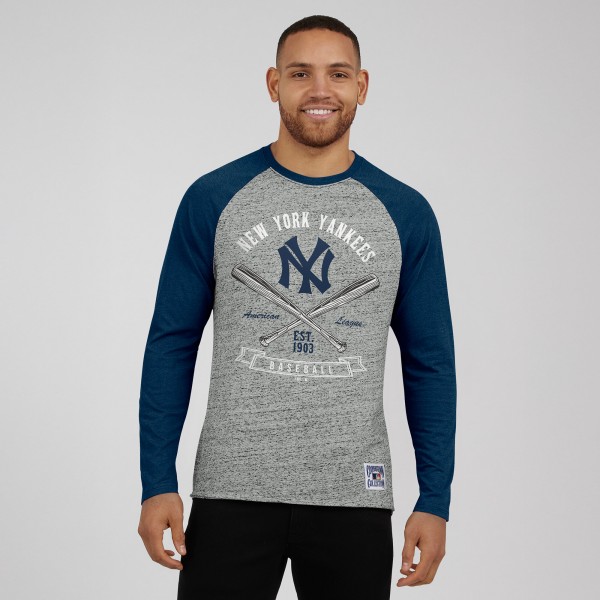 New York Yankees Darius Rucker Collection by Fanatics Heather Gray Raw Edge Raglan Long Sleeve Baseball T-Shirt