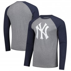 New York Yankees Fanatics Heather Gray/Heather Navy Weathered Logo Tri-Blend Raglan Long Sleeve T-Shirt