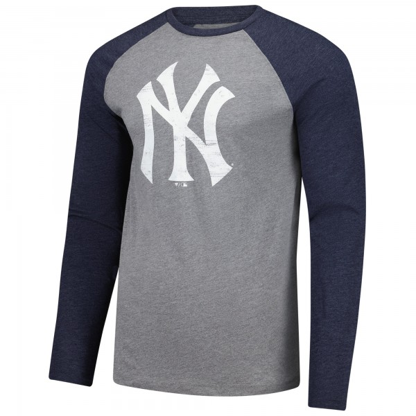 New York Yankees Fanatics Heather Gray/Heather Navy Weathered Logo Tri-Blend Raglan Long Sleeve T-Shirt