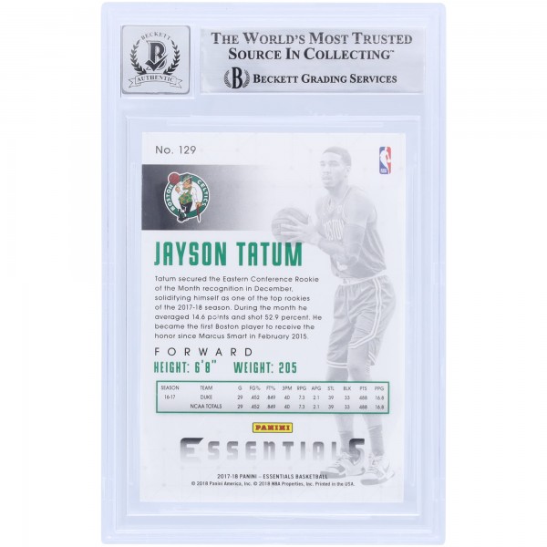 Jayson Tatum Boston Celtics Autographed 2017-18 Panini Essentials #129 Beckett Fanatics Witnessed Authenticated 9/10 Rookie Card