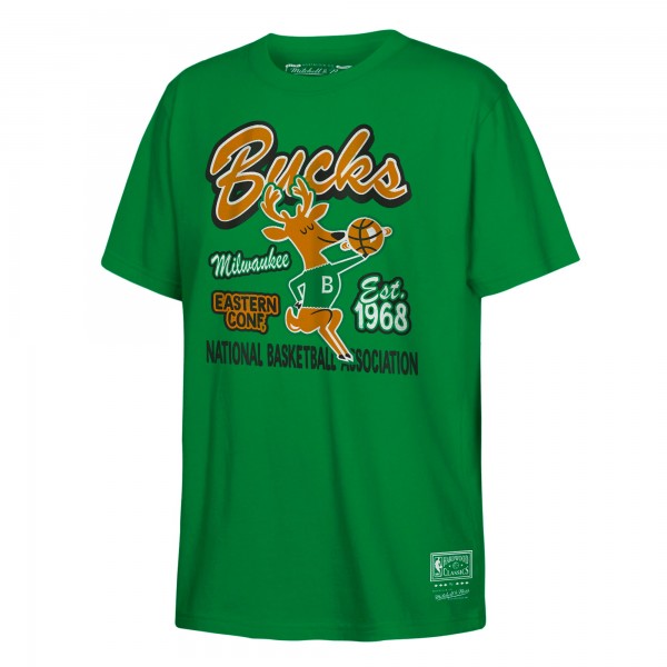 Подростковая Milwaukee Bucks Mitchell & Ness Kelly Green Retro Mascot Script T-Shirt