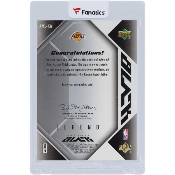 Kareem Abdul-Jabbar Los Angeles Lakers Autographed 2006-07 Upper Deck Black Signed Relic #AML-KA #22/25 Card